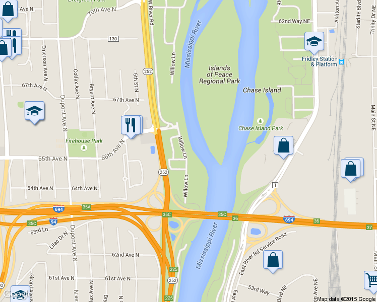 map of restaurants, bars, coffee shops, grocery stores, and more near 6512 Willow Lane in Brooklyn Center