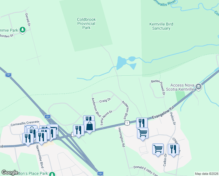 map of restaurants, bars, coffee shops, grocery stores, and more near 36 Anderson Boulevard in Kentville