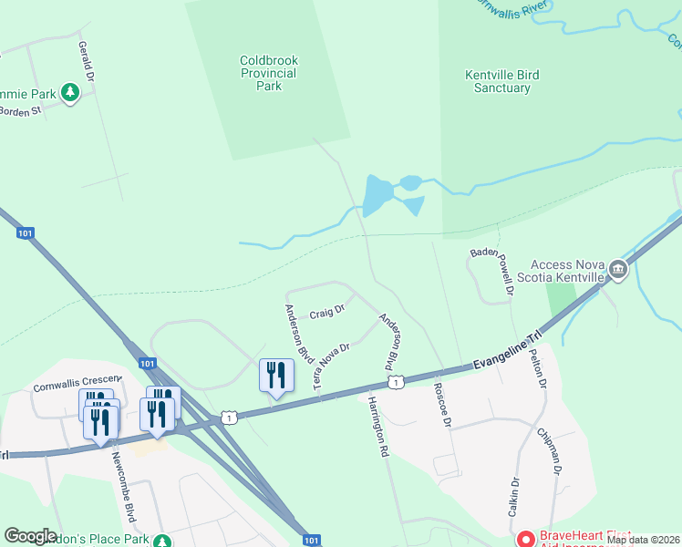 map of restaurants, bars, coffee shops, grocery stores, and more near 36 Anderson Boulevard in Kentville