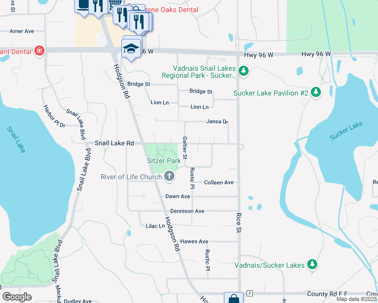 map of restaurants, bars, coffee shops, grocery stores, and more near 4370 Galtier Street in Shoreview
