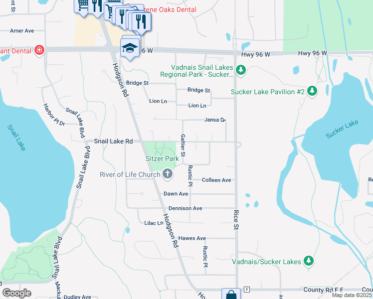 map of restaurants, bars, coffee shops, grocery stores, and more near 4370 Galtier Street in Shoreview