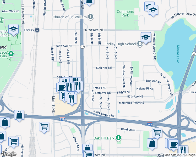 map of restaurants, bars, coffee shops, grocery stores, and more near 5830 5th Street Northeast in Fridley