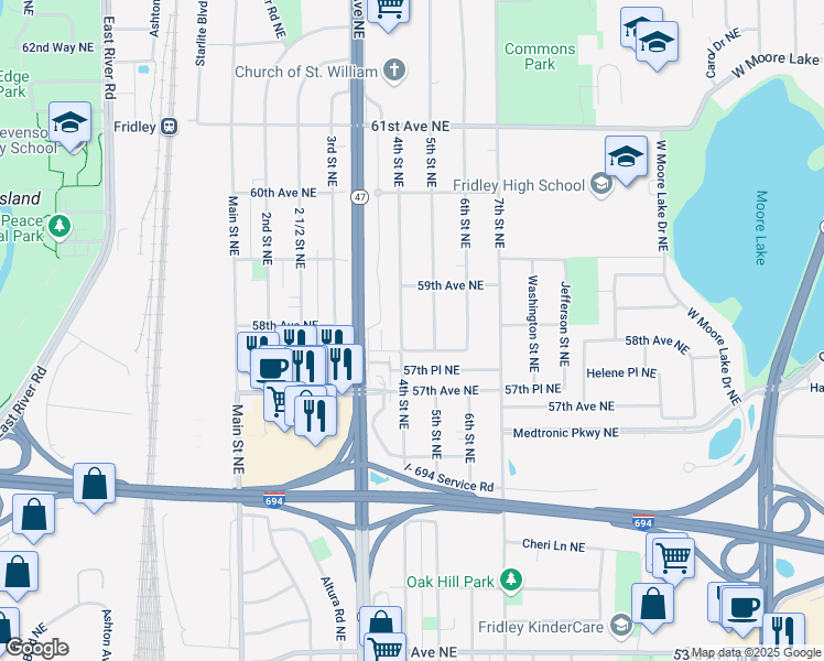 map of restaurants, bars, coffee shops, grocery stores, and more near 5830 5th Street Northeast in Fridley