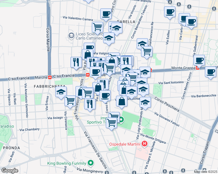 map of restaurants, bars, coffee shops, grocery stores, and more near 18 Corso Filippo Brunelleschi in Torino