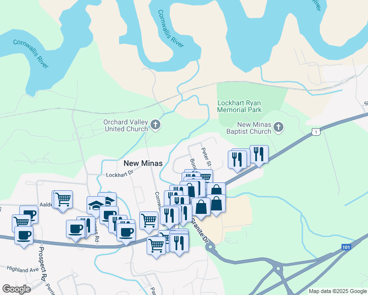 map of restaurants, bars, coffee shops, grocery stores, and more near 65 Bonavista Avenue in New Minas