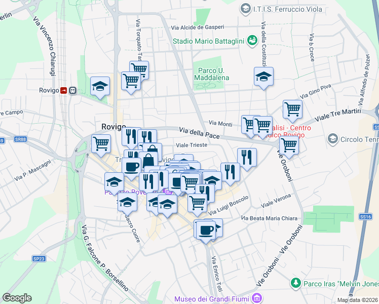 map of restaurants, bars, coffee shops, grocery stores, and more near 21 Via Mure Soccorso in Rovigo