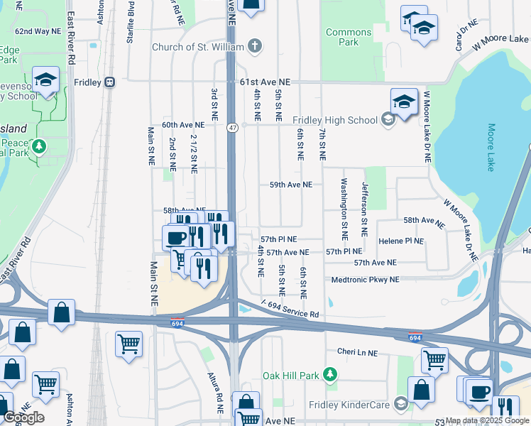 map of restaurants, bars, coffee shops, grocery stores, and more near 5830 5th Street Northeast in Fridley