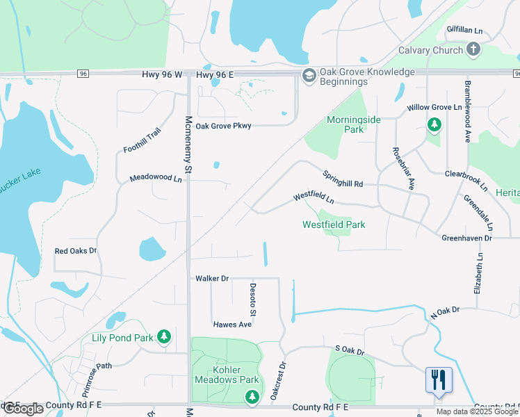 map of restaurants, bars, coffee shops, grocery stores, and more near 445 Westfield Lane in Vadnais Heights