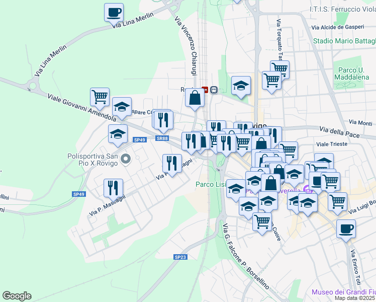 map of restaurants, bars, coffee shops, grocery stores, and more near 31C Viale Giovanni Amendola in Rovigo