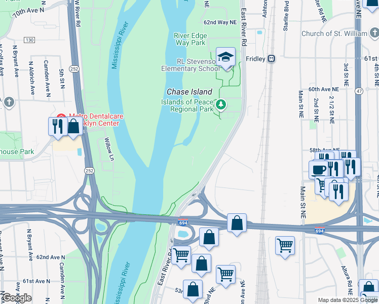map of restaurants, bars, coffee shops, grocery stores, and more near 5750 East River Road in Fridley