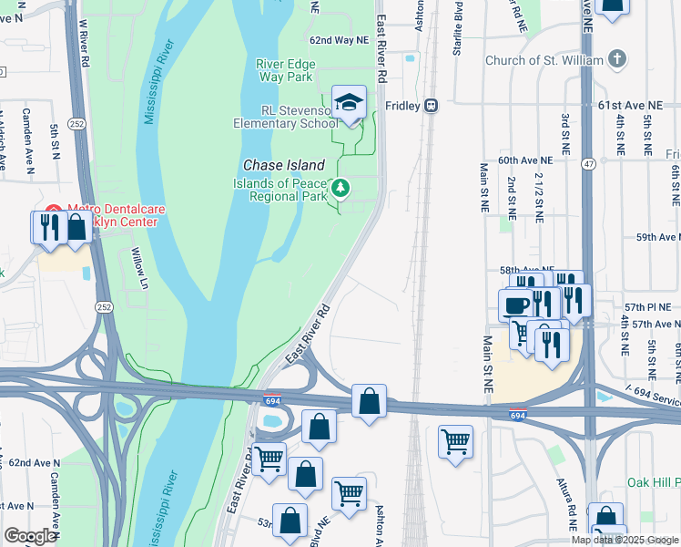 map of restaurants, bars, coffee shops, grocery stores, and more near 5840 East River Road in Minneapolis