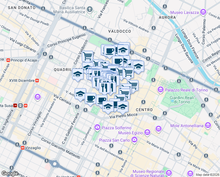 map of restaurants, bars, coffee shops, grocery stores, and more near 31 Via Giuseppe Garibaldi in Torino