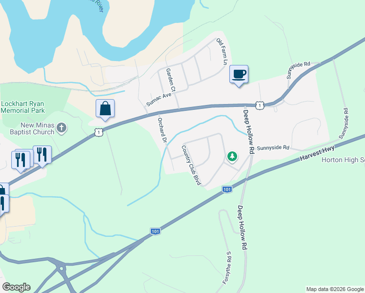 map of restaurants, bars, coffee shops, grocery stores, and more near 1000 Country Club Boulevard in New Minas