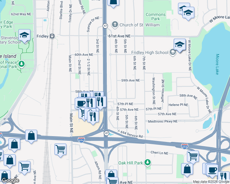 map of restaurants, bars, coffee shops, grocery stores, and more near 5831 University Avenue Northeast Service Road in Fridley