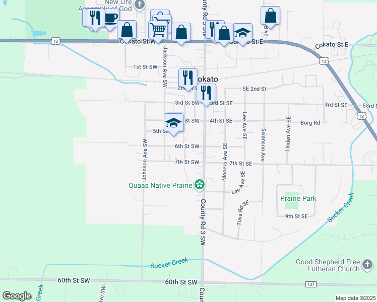 map of restaurants, bars, coffee shops, grocery stores, and more near 130 6th Street Southwest in Cokato