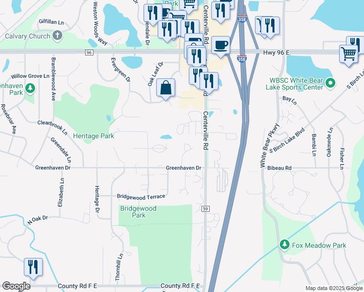 map of restaurants, bars, coffee shops, grocery stores, and more near 4349 Buckingham Court in Vadnais Heights