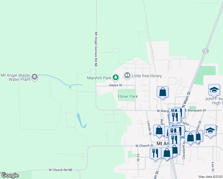 map of restaurants, bars, coffee shops, grocery stores, and more near 860 Cypress Street in Mount Angel