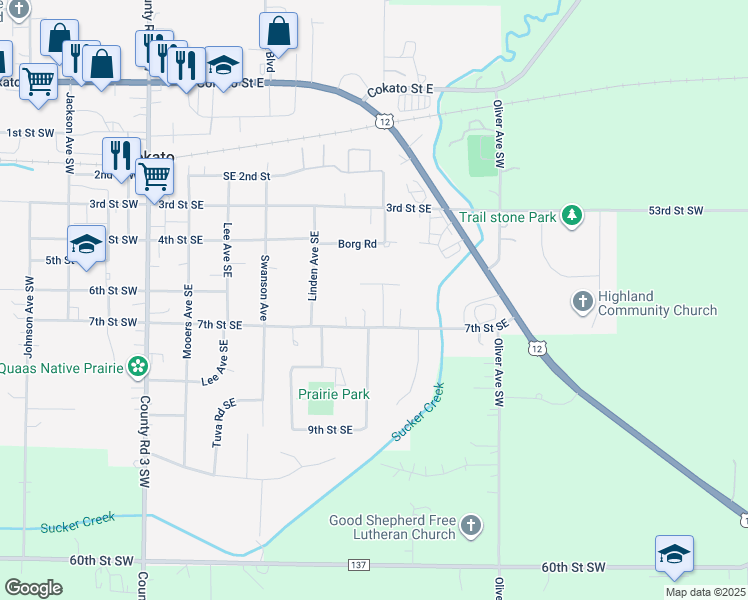 map of restaurants, bars, coffee shops, grocery stores, and more near 620 Prairie Avenue Southeast in Cokato