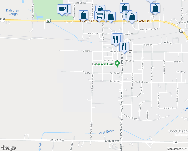 map of restaurants, bars, coffee shops, grocery stores, and more near 605 Johnson Avenue Southwest in Cokato