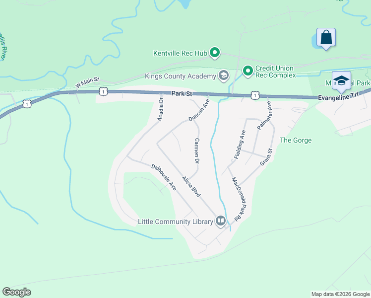 map of restaurants, bars, coffee shops, grocery stores, and more near 9 Glenlee Drive in Kentville