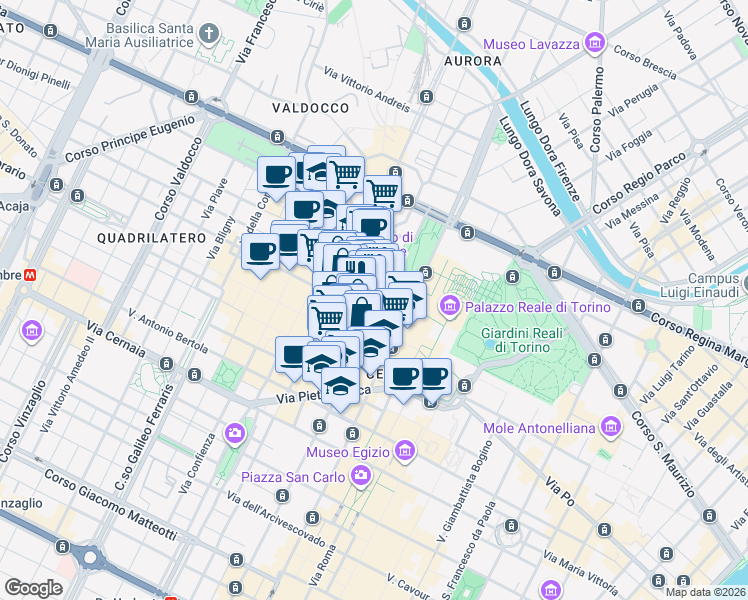 map of restaurants, bars, coffee shops, grocery stores, and more near Via IV Marzo in Turin
