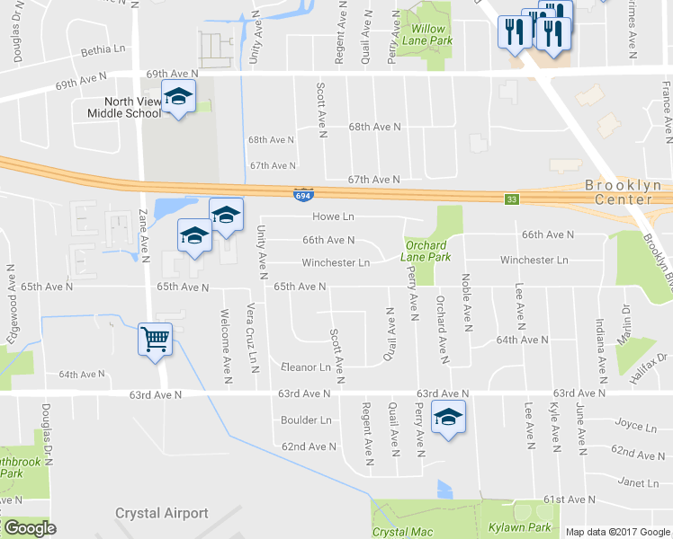 map of restaurants, bars, coffee shops, grocery stores, and more near 5125 Winchester Lane in Brooklyn Center