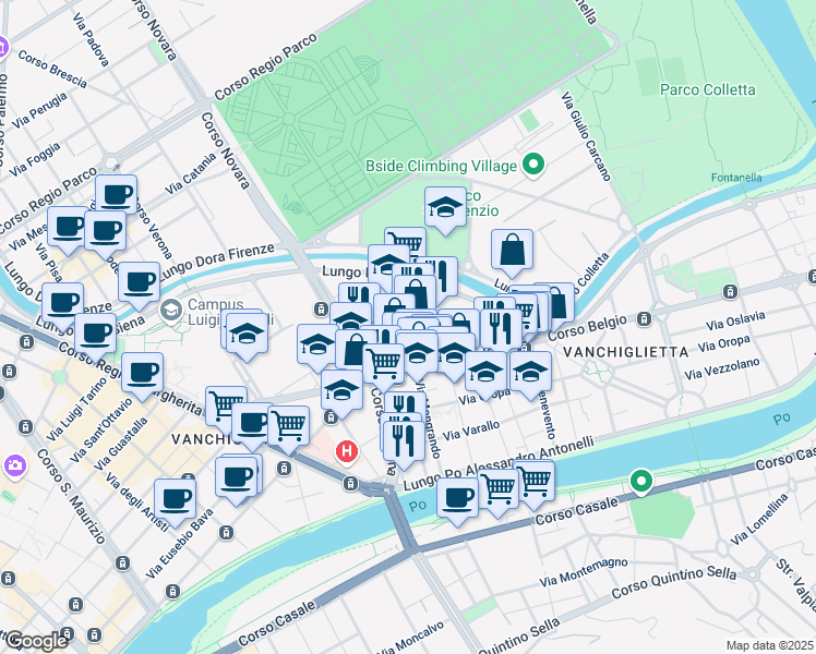 map of restaurants, bars, coffee shops, grocery stores, and more near 15 Via Cossila in Torino