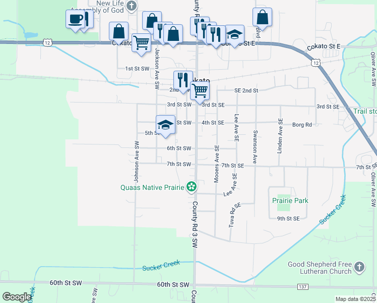 map of restaurants, bars, coffee shops, grocery stores, and more near 130 6th St SW in Cokato