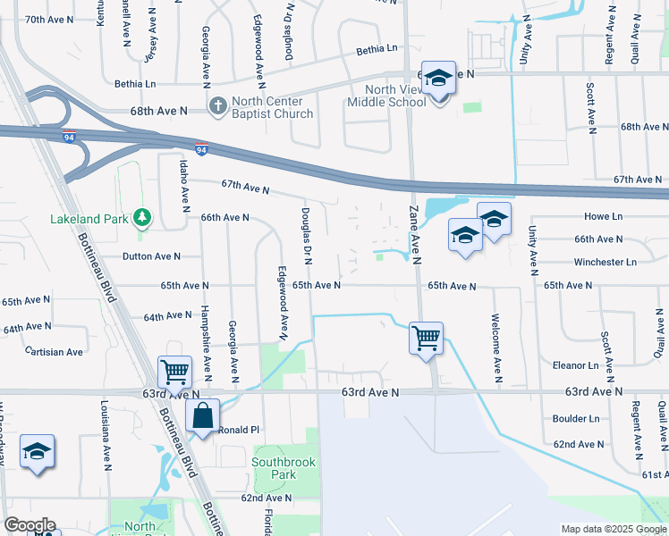 map of restaurants, bars, coffee shops, grocery stores, and more near 6232 65th Avenue North in Brooklyn Park