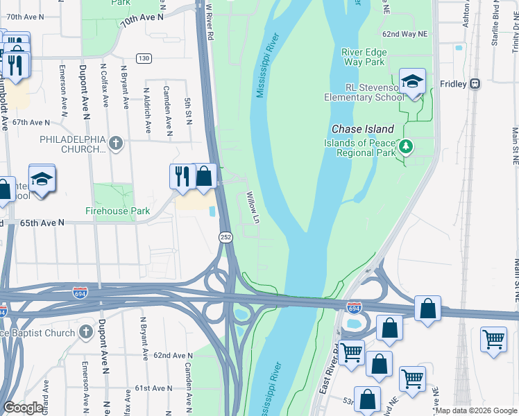 map of restaurants, bars, coffee shops, grocery stores, and more near 6512 Willow Lane in Brooklyn Center