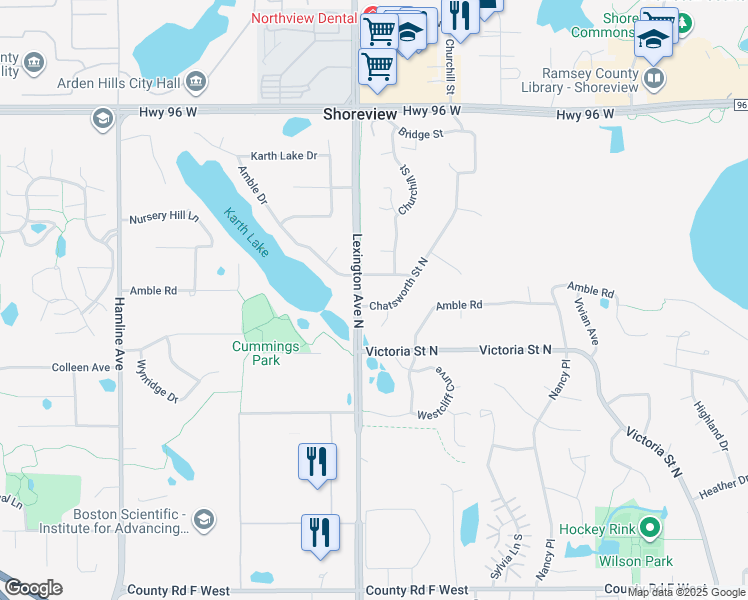 map of restaurants, bars, coffee shops, grocery stores, and more near 4315 Chatsworth Street North in Shoreview