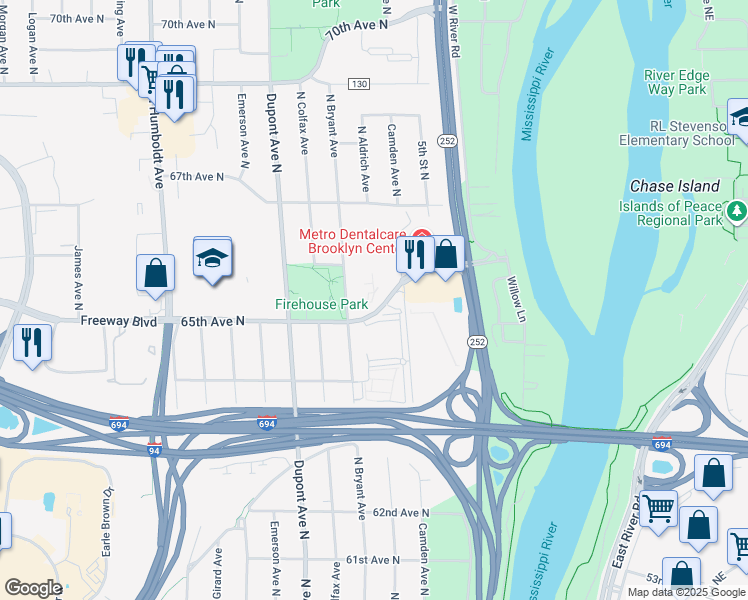 map of restaurants, bars, coffee shops, grocery stores, and more near 708 66th Avenue North in Brooklyn Center