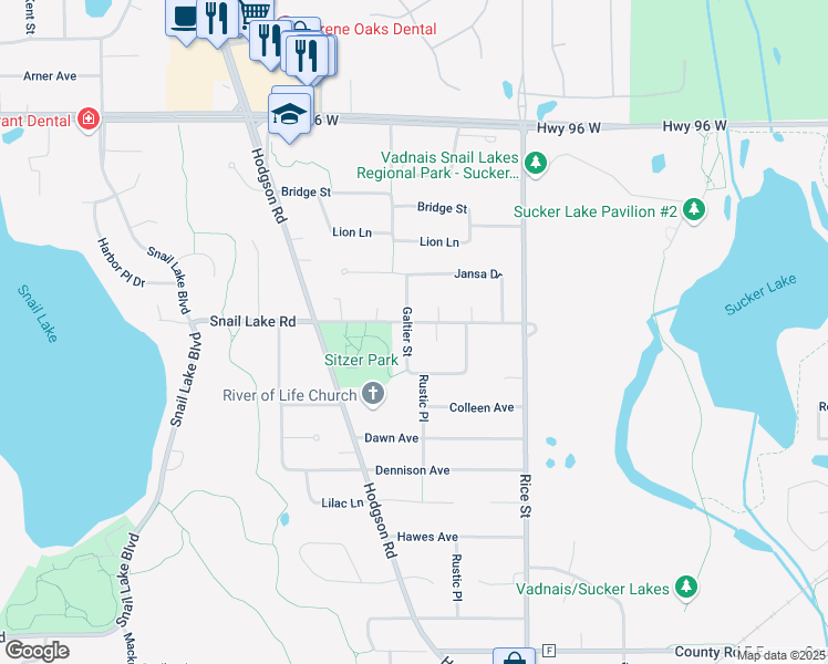 map of restaurants, bars, coffee shops, grocery stores, and more near 4370 Galtier Street in Shoreview