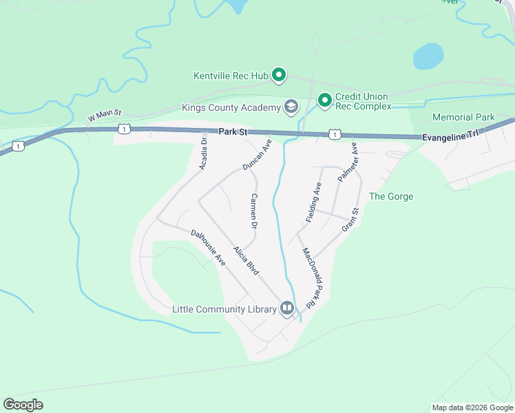 map of restaurants, bars, coffee shops, grocery stores, and more near 27 Carmen Drive in Kentville