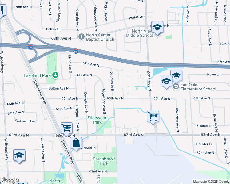map of restaurants, bars, coffee shops, grocery stores, and more near 6516 Douglas Drive North in Minneapolis