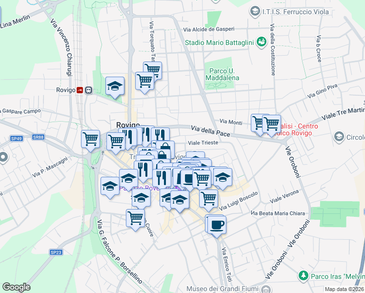 map of restaurants, bars, coffee shops, grocery stores, and more near 34 Viale Trieste in Rovigo