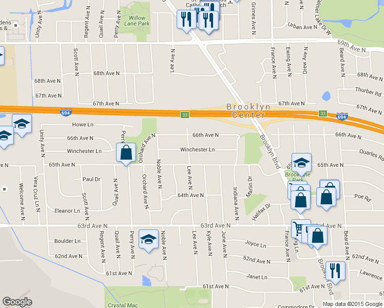 map of restaurants, bars, coffee shops, grocery stores, and more near 4419 Winchester Lane in Brooklyn Center