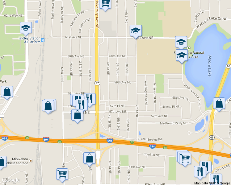map of restaurants, bars, coffee shops, grocery stores, and more near 5830 5th St NE in Fridley