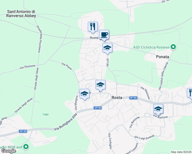 map of restaurants, bars, coffee shops, grocery stores, and more near 31 Vicolo Chianale in Rosta