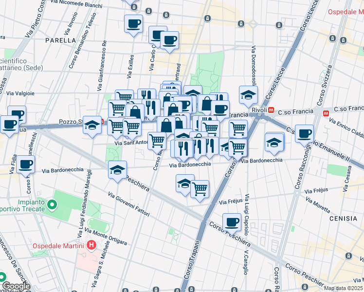 map of restaurants, bars, coffee shops, grocery stores, and more near 16 Via Borgone in Torino