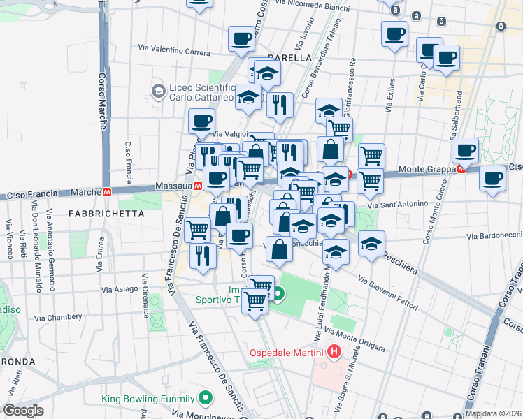map of restaurants, bars, coffee shops, grocery stores, and more near 1/B Corso Filippo Brunelleschi in Torino