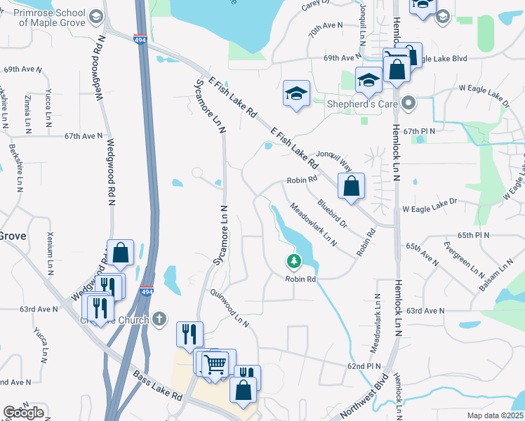 map of restaurants, bars, coffee shops, grocery stores, and more near 12150 Robin Road in Maple Grove