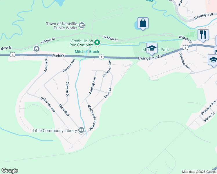 map of restaurants, bars, coffee shops, grocery stores, and more near 40 Grant Street in Kentville