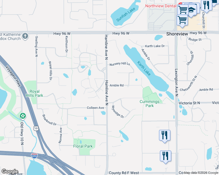 map of restaurants, bars, coffee shops, grocery stores, and more near 1330 Amble Road in Arden Hills