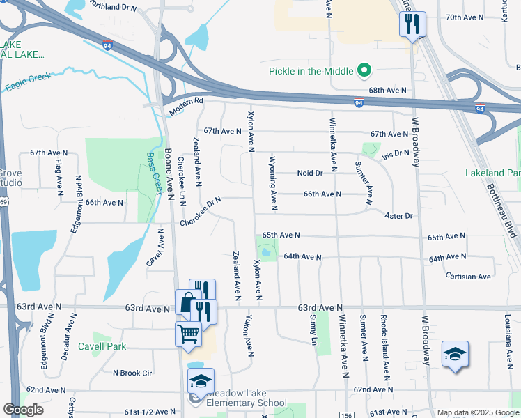 map of restaurants, bars, coffee shops, grocery stores, and more near 8216 Aster Drive in Minneapolis