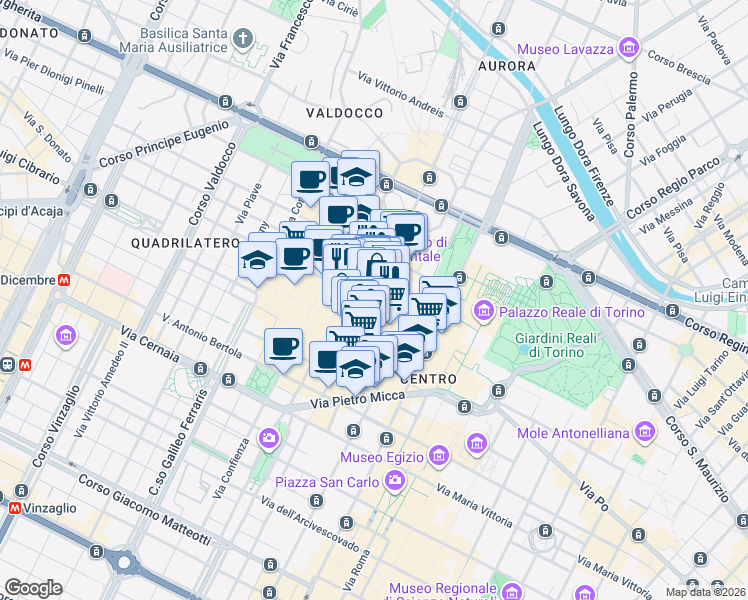 map of restaurants, bars, coffee shops, grocery stores, and more near 12 Via IV Marzo in Torino