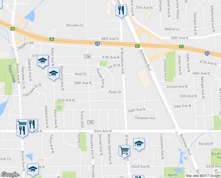 map of restaurants, bars, coffee shops, grocery stores, and more near 6509 Quebec Avenue North in Minneapolis