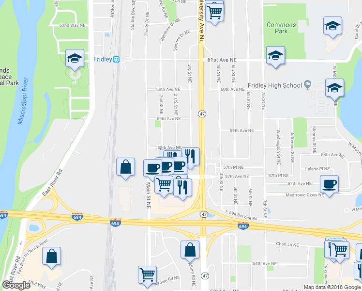 map of restaurants, bars, coffee shops, grocery stores, and more near 5801 2 1/2 St NE in Fridley