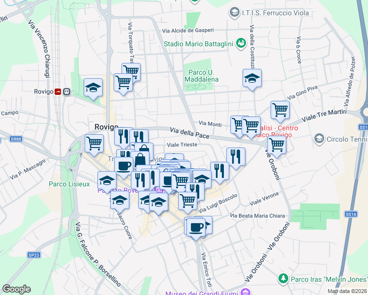 map of restaurants, bars, coffee shops, grocery stores, and more near 21 Via Mure Soccorso in Rovigo