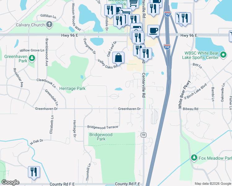 map of restaurants, bars, coffee shops, grocery stores, and more near 969 Heritage Ct E in Vadnais Heights
